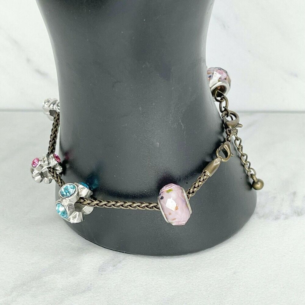 Gold Tone Floral Rhinestone Barrel Charm Beaded Bracelet